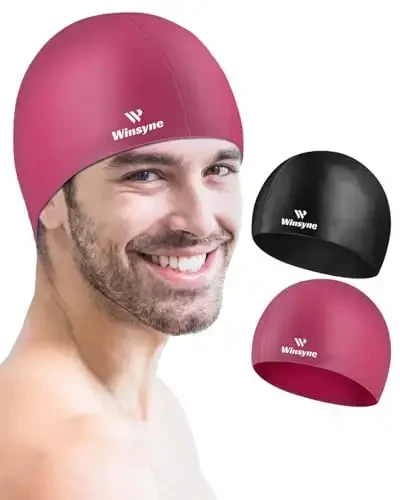 2 Pack Silicone Swim Cap for Men Women, Unisex Adult Swimming Caps for Short/Long Hair to Keep Hair Dry, Waterproof Bathing Caps for Swimming with Ear Plugs & Nose Clip Set - WINSYNE