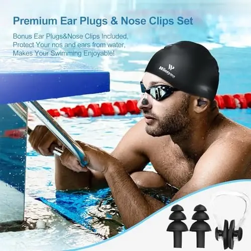 2 Pack Silicone Swim Cap for Men Women, Unisex Adult Swimming Caps for Short/Long Hair to Keep Hair Dry, Waterproof Bathing Caps for Swimming with Ear Plugs & Nose Clip Set - 7