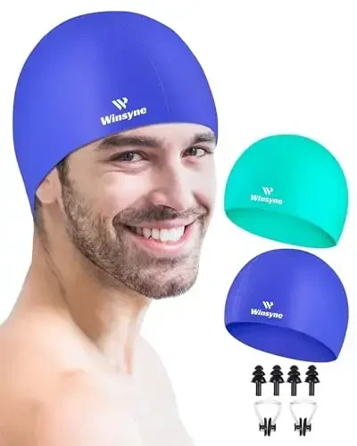 2 Pack Silicone Swim Cap for Men Women, Unisex Adult Swimming Caps for Short/Long Hair to Keep Hair Dry, Waterproof Bathing Caps for Swimming with Ear Plugs & Nose Clip Set - WINSYNE