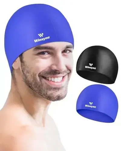 2 Pack Silicone Swim Cap for Men Women, Unisex Adult Swimming Caps for Short/Long Hair to Keep Hair Dry, Waterproof Bathing Caps for Swimming with Ear Plugs & Nose Clip Set - WINSYNE