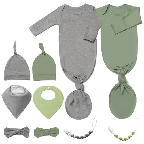 2PK Ultra Soft Knotted Newborn Sleep Gown for Baby Girls Boy- Coming Home Hospital Outfit with Hat, Bow, Clip & Drool Bib Set - 2PK