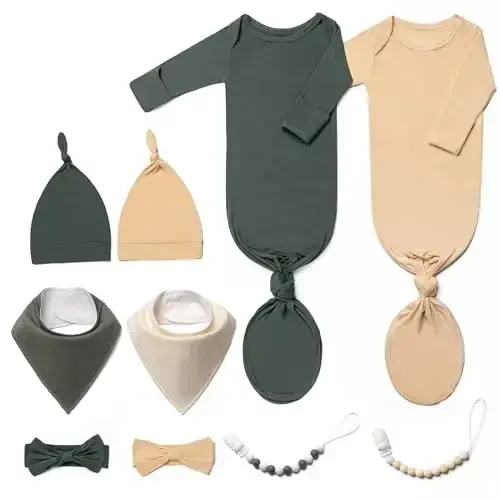 2PK Ultra Soft Knotted Newborn Sleep Gown for Baby Girls Boy- Coming Home Hospital Outfit with Hat, Bow, Clip & Drool Bib Set - 1