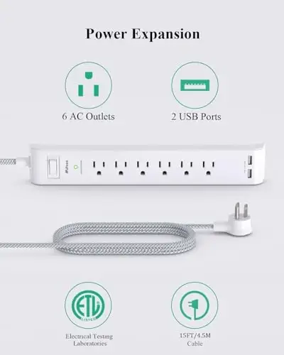 2 Pack Power Strip - 15FT Long Extension Cord, Surge Protector with 6 Outlets and 2 USB Charging Ports, Flat Plug Overload Protection, (1625W/13A/900J), Wall Mount for Home Office and Dorm, ETL Listed - 2