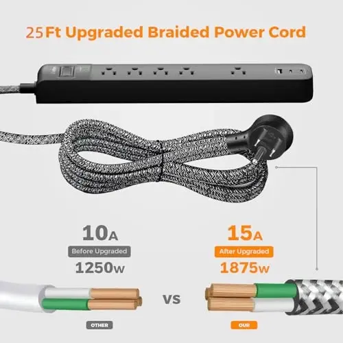 2 Pack Long Surge Protector Power Strip - 25ft Extension Cord with 5 Widely 3 USB (2 USB-C) Ports, Flat Plug, Desktop Charging Station for Home Office College Dorm Room Essentials - 6