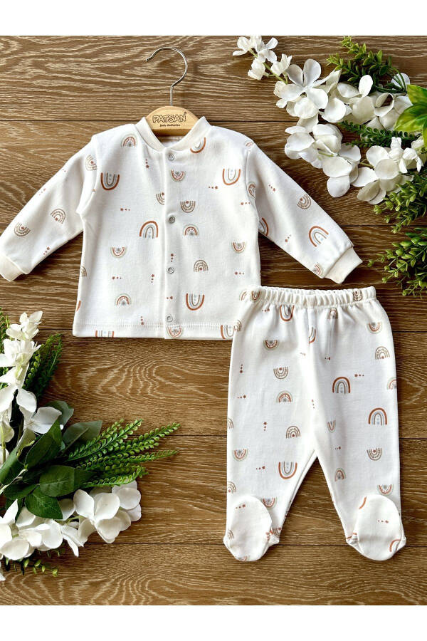 2'li Pamuklu Bebek Alt Üst Patikli Pijama Takım Gökkuşağı - Ekru - 1
