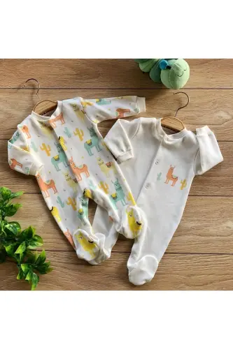 2'li Pamuklu Organic Patikli Bebek Tulumu Takımı Lama - 1