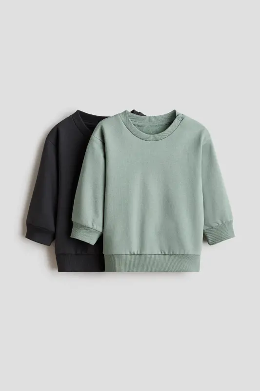 2’li Pamuklu Sweatshirt - Açık tozlu yeşil/Koyu gri - H&M