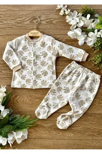 2'li Penye Alt Üst Patikli Bebek Pijama Takım Fil Kahve-Kahverengi - RENKLI PUSET (1)