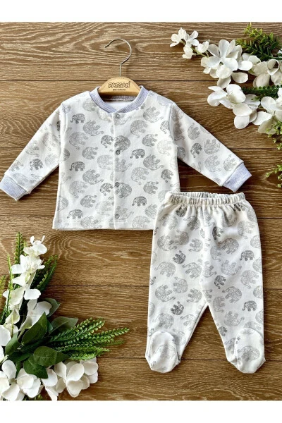 2'li Penye Bebek Alt Üst Patikli Pijama Takım Fil Gri-Gri - RENKLI PUSET