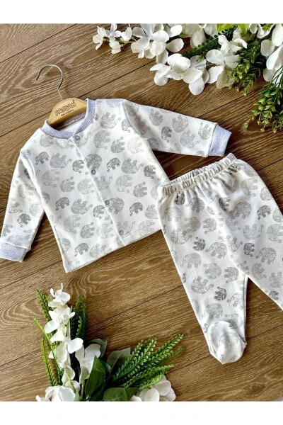 2'li Penye Bebek Alt Üst Patikli Pijama Takım Fil Gri-Gri - RENKLI PUSET (1)