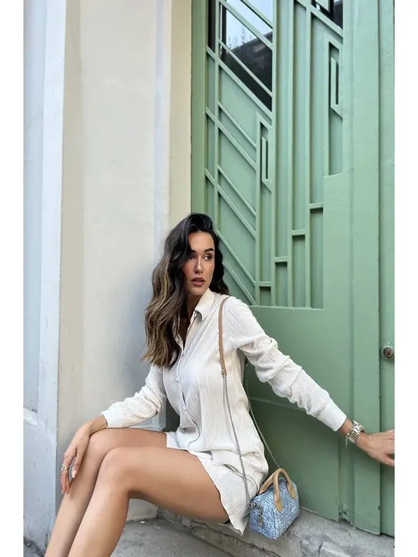 2'li Piliseli Gömlek Şort Taş Takım-Bej - 2