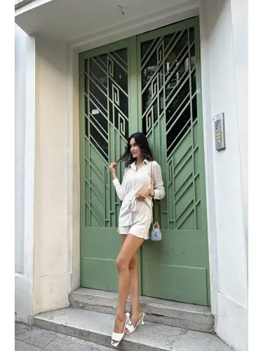 2'li Piliseli Gömlek Şort Taş Takım-Bej - 5