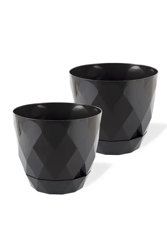 2li Prizma Saksı Seti 4,8 Litre Drenajlı Tabaklı 22cm Plastik Çiçek Saksısı Set Yakamoz No4-Antrasit Set - 1