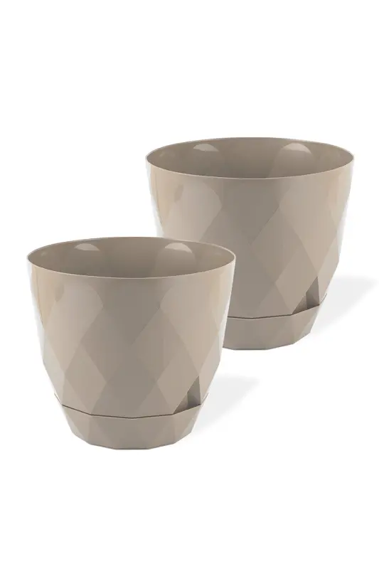 2li Prizma Saksı Seti 4,8 Litre Drenajlı Tabaklı 22cm Plastik Çiçek Saksısı Set Yakamoz No4 - Bej Set - 1