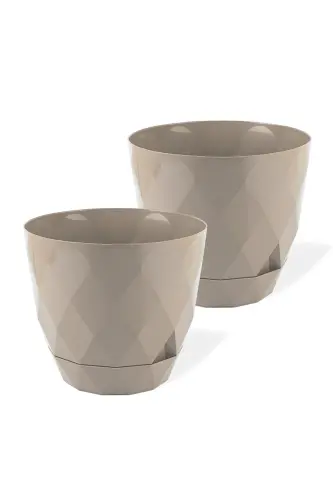 2li Prizma Saksı Seti 4,8 Litre Drenajlı Tabaklı 22cm Plastik Çiçek Saksısı Set Yakamoz No4 - Bej Set 