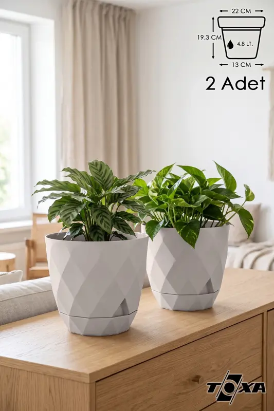 2li Prizma Saksı Seti 4,8 Litre Drenajlı Tabaklı 22cm Plastik Çiçek Saksısı Set Yakamoz No4 - Bej Set - TOXA