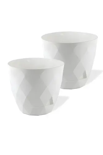 2li Prizma Saksı Seti 4,8 Litre Drenajlı Tabaklı 22cm Plastik Çiçek Saksısı Set Yakamoz No4-Beyaz Set - 1