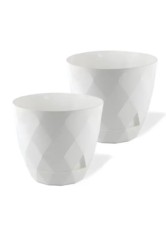 2li Prizma Saksı Seti 4,8 Litre Drenajlı Tabaklı 22cm Plastik Çiçek Saksısı Set Yakamoz No4-Beyaz Set - 1