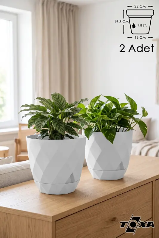 2li Prizma Saksı Seti 4,8 Litre Drenajlı Tabaklı 22cm Plastik Çiçek Saksısı Set Yakamoz No4 - Beyaz Set - 1