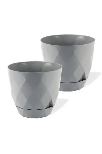 2li Prizma Saksı Seti 4,8 Litre Drenajlı Tabaklı 22cm Plastik Çiçek Saksısı Set Yakamoz No4 - Gri Set 