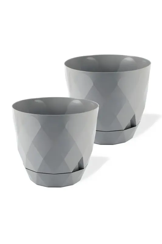 2li Prizma Saksı Seti 4,8 Litre Drenajlı Tabaklı 22cm Plastik Çiçek Saksısı Set Yakamoz No4 - Gri Set - TOXA