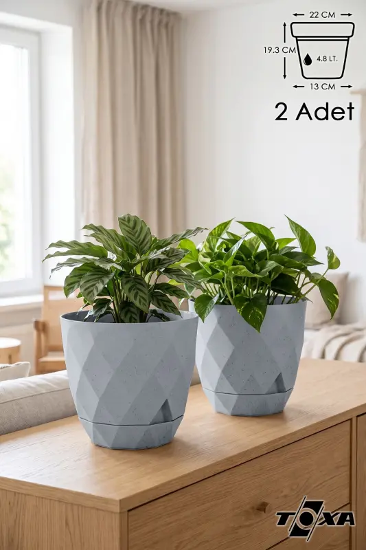 2li Prizma Saksı Seti 4,8 Litre Drenajlı Tabaklı 22cm Plastik Çiçek Saksısı Set Yakamoz No4 - Gri Set - 1