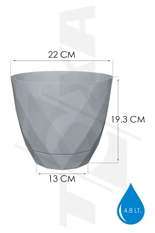 2li Prizma Saksı Seti 4,8 Litre Drenajlı Tabaklı 22cm Plastik Çiçek Saksısı Set Yakamoz No4 - Gri Set - 2