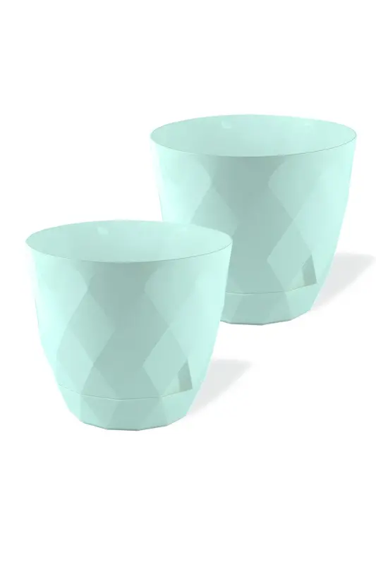 2li Prizma Saksı Seti 4,8 Litre Drenajlı Tabaklı 22cm Plastik Çiçek Saksısı Set Yakamoz No4-Yeşil Set - 1