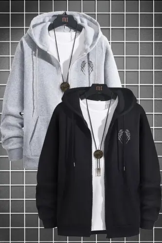 2'Li Qanot Dizayn Sweatshirt Fermuarli Hırka - Siyah Kulrang Bosmali Oversize Cho'ntakli Qishki Kapushonli-Siyah Kulrang - MODABERRY (1)