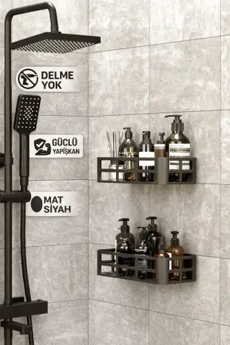 2Lİ Set Banyo Duş Rafı Şampuanlık Sabunluk Siyah YAPIŞKANLI Duş Organizer Suya Dayanıklı Plastik - 1