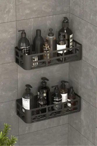 2Lİ Set Banyo Duş Rafı Şampuanlık Sabunluk Siyah YAPIŞKANLI Duş Organizer Suya Dayanıklı Plastik - 3