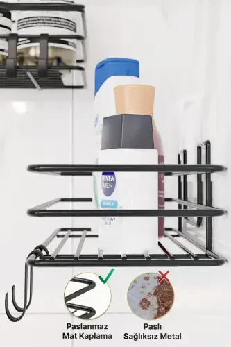 2Lİ Set Banyo Düzenleyici Şampuanlık Mat Siyah YAPIŞKANLI 4 ASKILI Duş Rafı Paslanmaz Organizer - 1