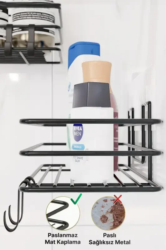 2Lİ Set Banyo Düzenleyici Şampuanlık Mat Siyah YAPIŞKANLI 4 ASKILI Duş Rafı Paslanmaz Organizer - 1