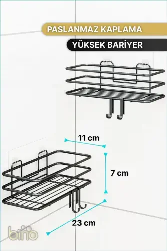 2Lİ Set Banyo Düzenleyici Şampuanlık Mat Siyah YAPIŞKANLI 4 ASKILI Duş Rafı Paslanmaz Organizer - 2