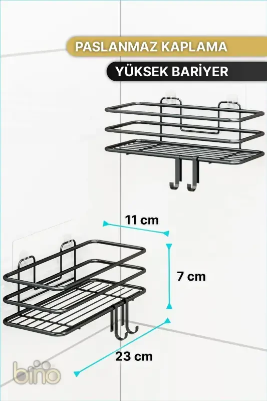 2Lİ Set Banyo Düzenleyici Şampuanlık Mat Siyah YAPIŞKANLI 4 ASKILI Duş Rafı Paslanmaz Organizer - 2