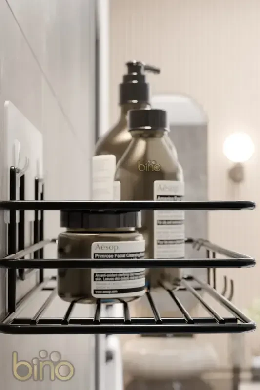 2Lİ Set Banyo Düzenleyici Şampuanlık Mat Siyah YAPIŞKANLI 4 ASKILI Duş Rafı Paslanmaz Organizer - 3