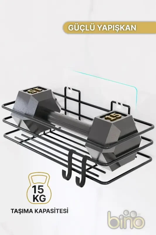 2Lİ Set Banyo Düzenleyici Şampuanlık Mat Siyah YAPIŞKANLI 4 ASKILI Duş Rafı Paslanmaz Organizer - 6