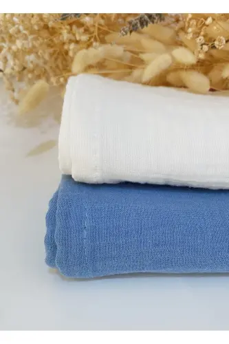 2’li Set Müslin Bebek Örtüsü | 100x100 Cm | %100 Pamuk | Ekru & Indigo Mavisi | Hassas Ciltler Için - İndigo-Ekru - 6