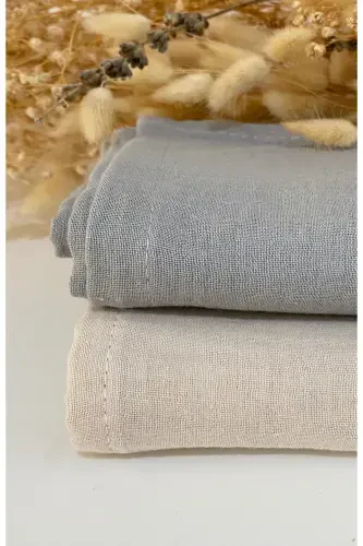 2'li Set Müslin Bebek Örtüsü | 100x100 Cm | %100 Pamuk | Gri & Bej | Hassas Ciltler Için-Açık Bej - 1