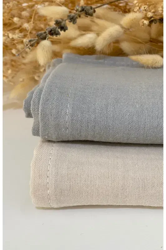 2'li Set Müslin Bebek Örtüsü | 100x100 Cm | %100 Pamuk | Gri & Bej | Hassas Ciltler Için-Açık Bej - 1
