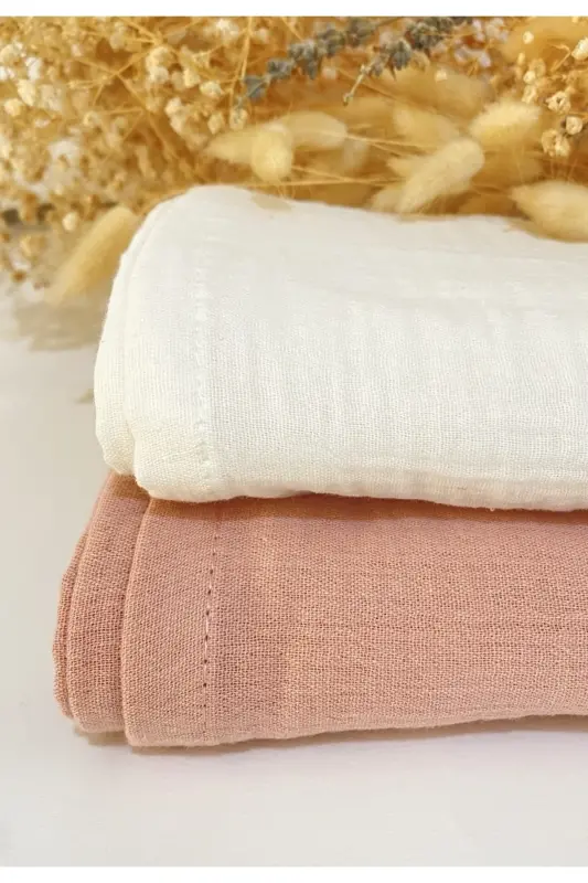 2’li Set Muslin Bebek Oʻrtüsü | 100x100 Sm | %100 Paxta | Ekru & Pushti | Nozik Teri Uchun-Ekru Pushti - 5