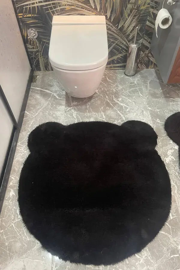 2Lİ SEVİMLİ AYI FİGÜRLÜ POST BANYO TAKIMI KLOZET TAKIMI 80x80 ve 100x100-Siyah - 5