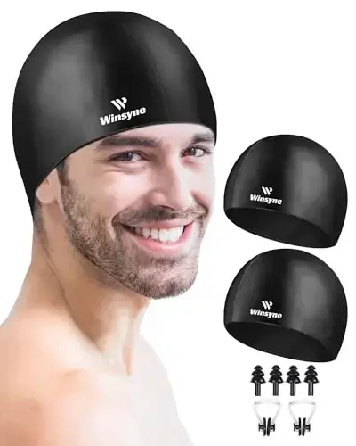 2 Pack Silicone Swim Cap for Men Women, Unisex Adult Swimming Caps for Short/Long Hair to Keep Hair Dry, Waterproof Bathing Caps for Swimming with Ear Plugs & Nose Clip Set - WINSYNE