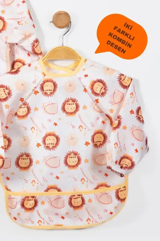 Sıvı Geçirmez Bebek Önlüğü Seti (2'Lİ) | 6-24 Ay | Giyilebilir Uzun Kollu Aslan Desen Mama Önlüğü - 3