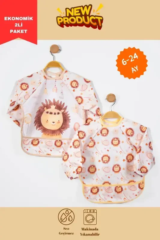 Sıvı Geçirmez Bebek Önlüğü Seti (2'Lİ) | 6-24 Ay | Giyilebilir Uzun Kollu Aslan Desen Mama Önlüğü - Modazone