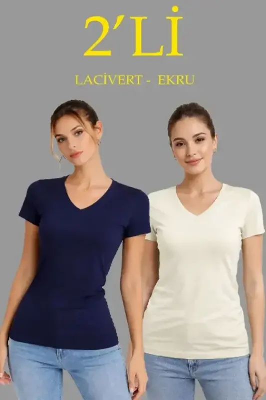 2li V Yaka Tişört – Kısa Kollu Yazlık Slim Fit Body - Lacivert - Ekru - BÜYÜKBEDENIZ