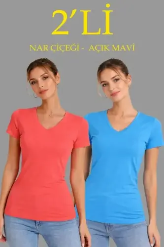 2li V Yaka Tişört – Kısa Kollu Yazlık Slim Fit Body - Nar Çiçeği - Açık Mavi - 1