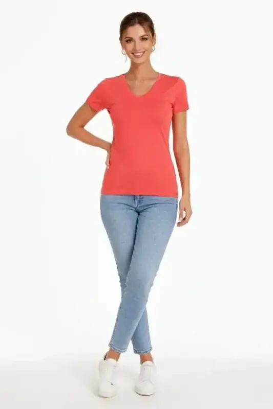 2li V Yaka Tişört – Kısa Kollu Yazlık Slim Fit Body - Nar Çiçeği - Açık Mavi - 3