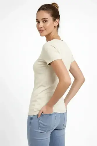 2li V Yaka Tişört – Kısa Kollu Yazlık Slim Fit Body - Saks Mavisi - Ekru - 4