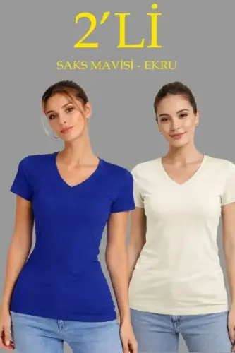 2li V Yaka Tişört – Kısa Kollu Yazlık Slim Fit Body - Saks Mavisi - Ekru - 1